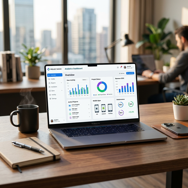 Professional web and mobile application dashboard on a sleek laptop